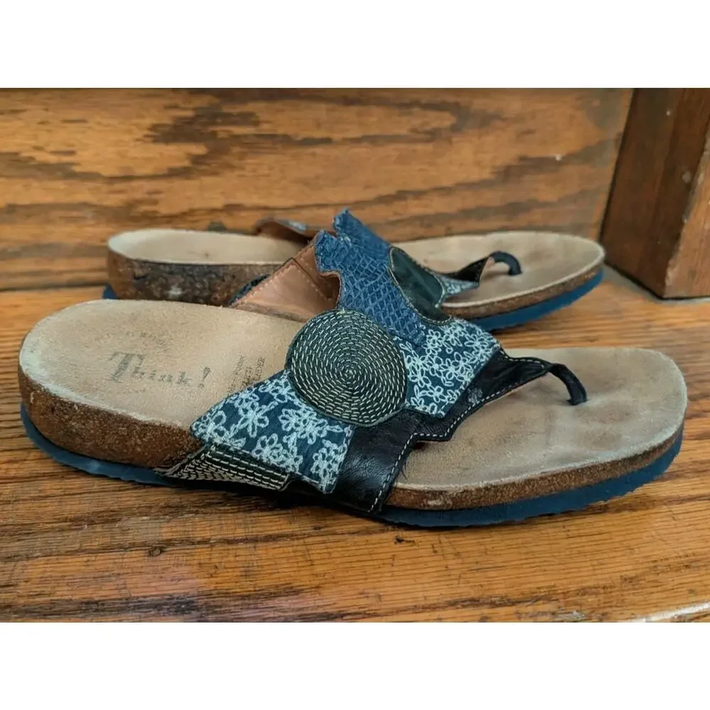Think! Mizzi Cork Foot bed Blue Leather Sandals Women's Shoes 9-9.5, 40